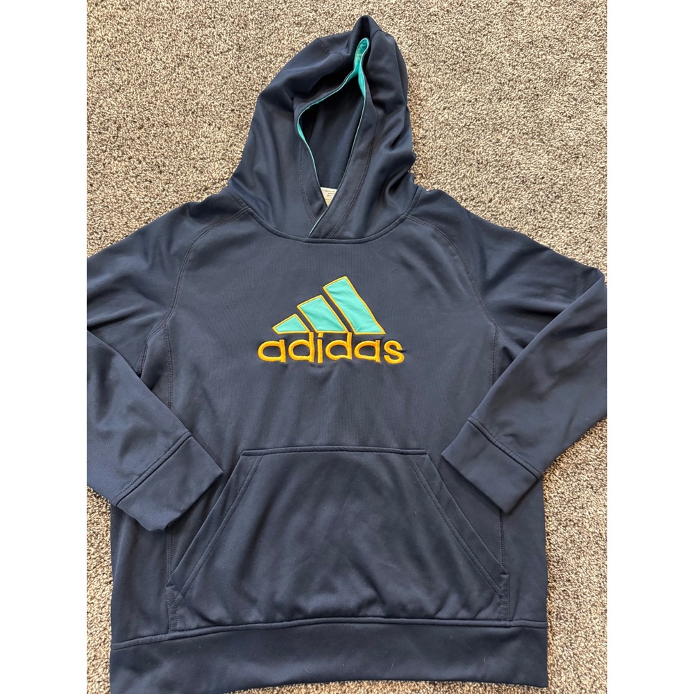 Adidas Boys Navy Blue Embroidered Logo Performance Fleece Hoodie Size L 14/16